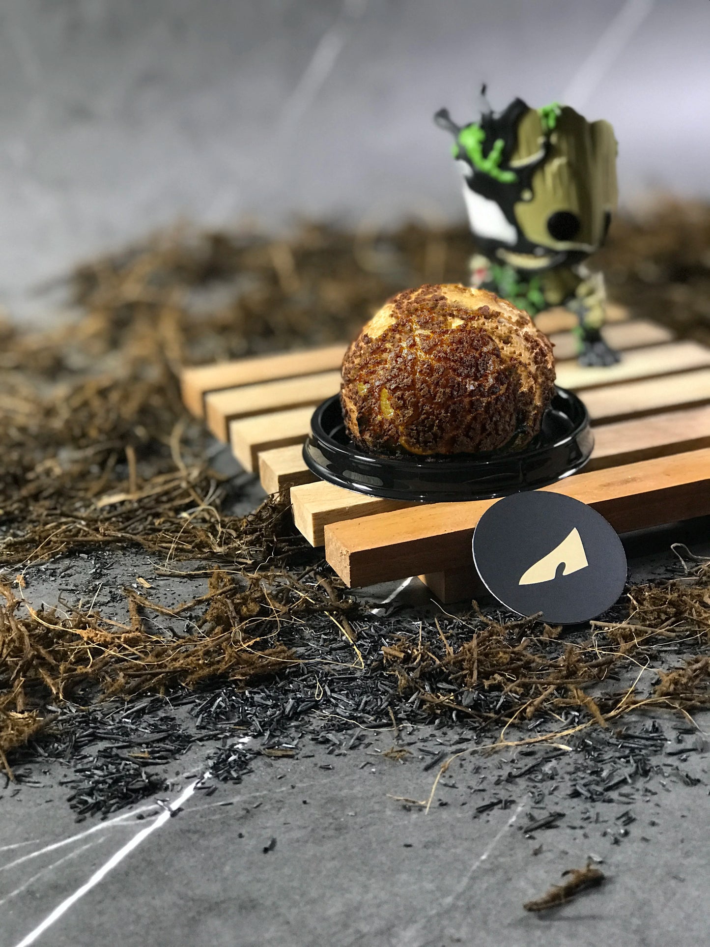 A single choux au craquelin pastry on a small wooden pallet with a Groot figurine, against a textured gray background with scattered moss-like material.
