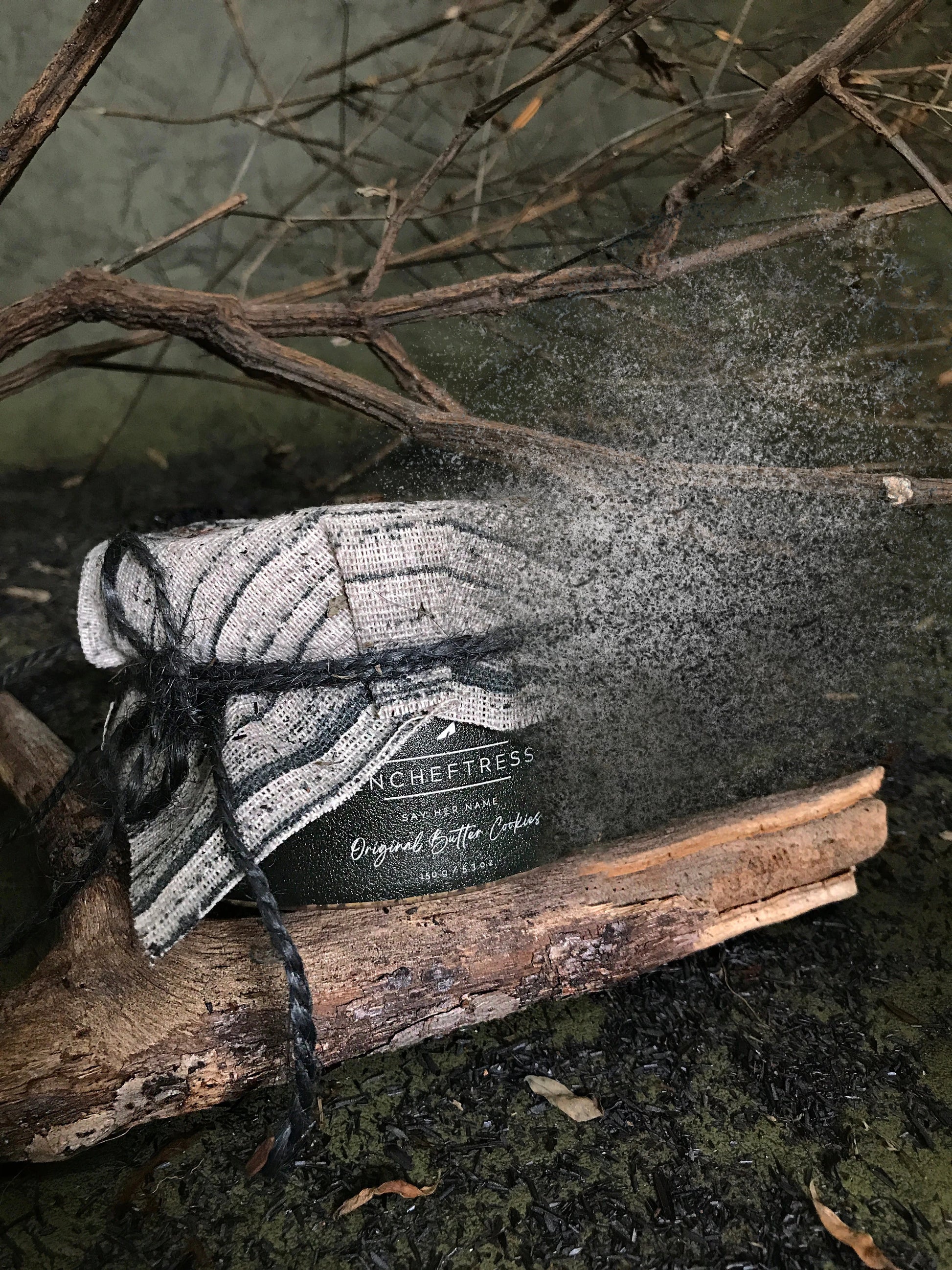 A jar labeled "Original Butter Cookies" with a black and white patterned cloth tied around the lid with black string sits on a piece of driftwood. The jar is slowly fading into tiny particles. The background includes fuzzy branches and mossy ground.