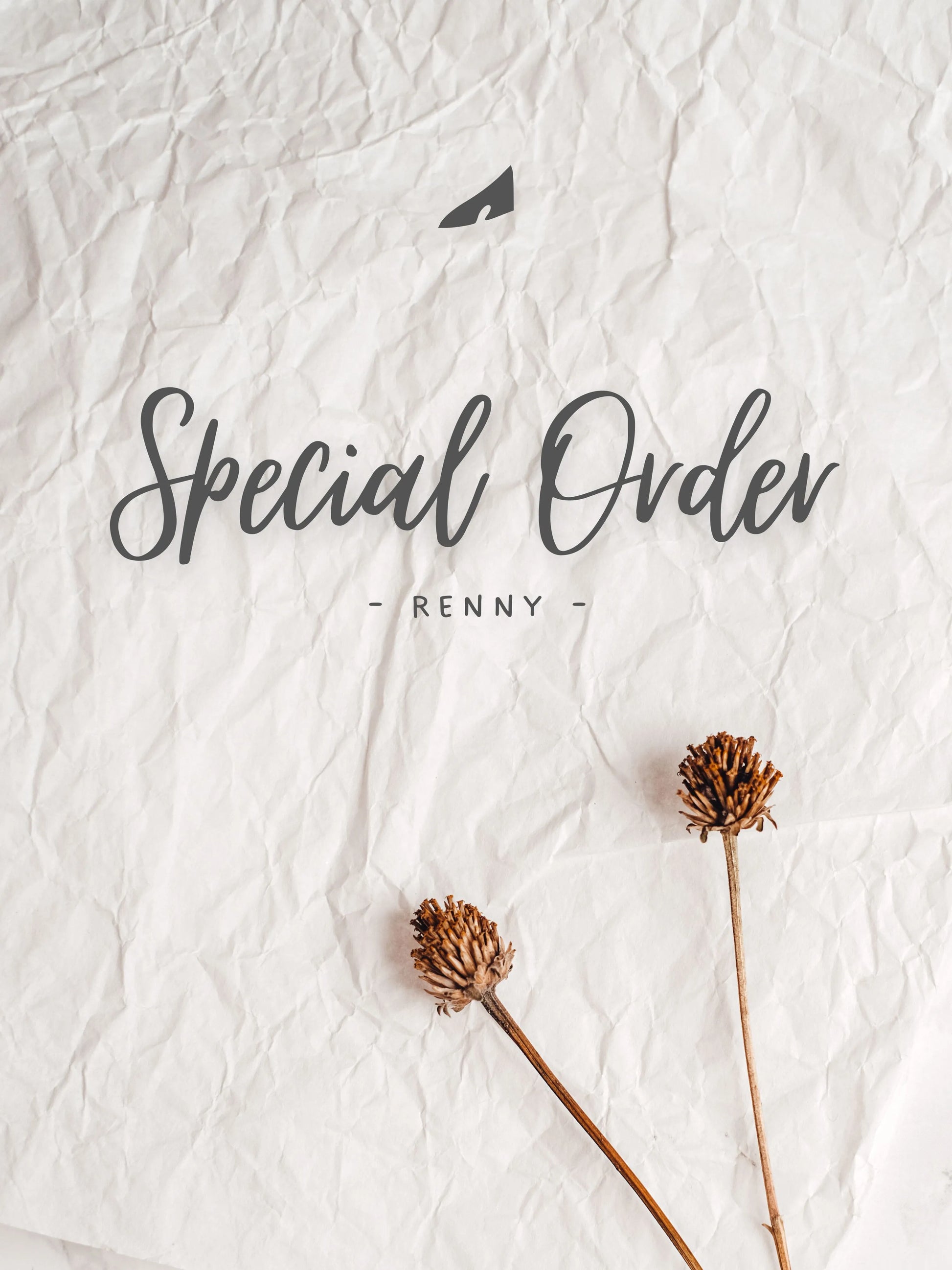 The image shows a white paper with the words "Special Order" and "- Buyer's name -" written on it. There are also two dried flowers in the lower part of the image.